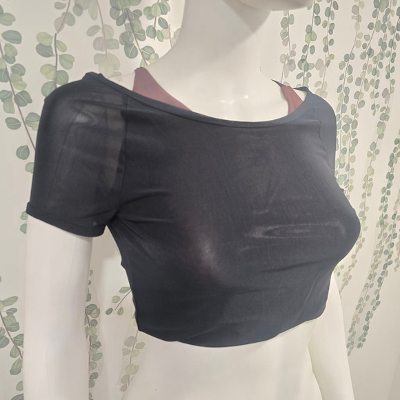 KORAL Mesh Layered Crop Top Small NWT Black Sheer Overlay Open Back - Picture 5 of 10